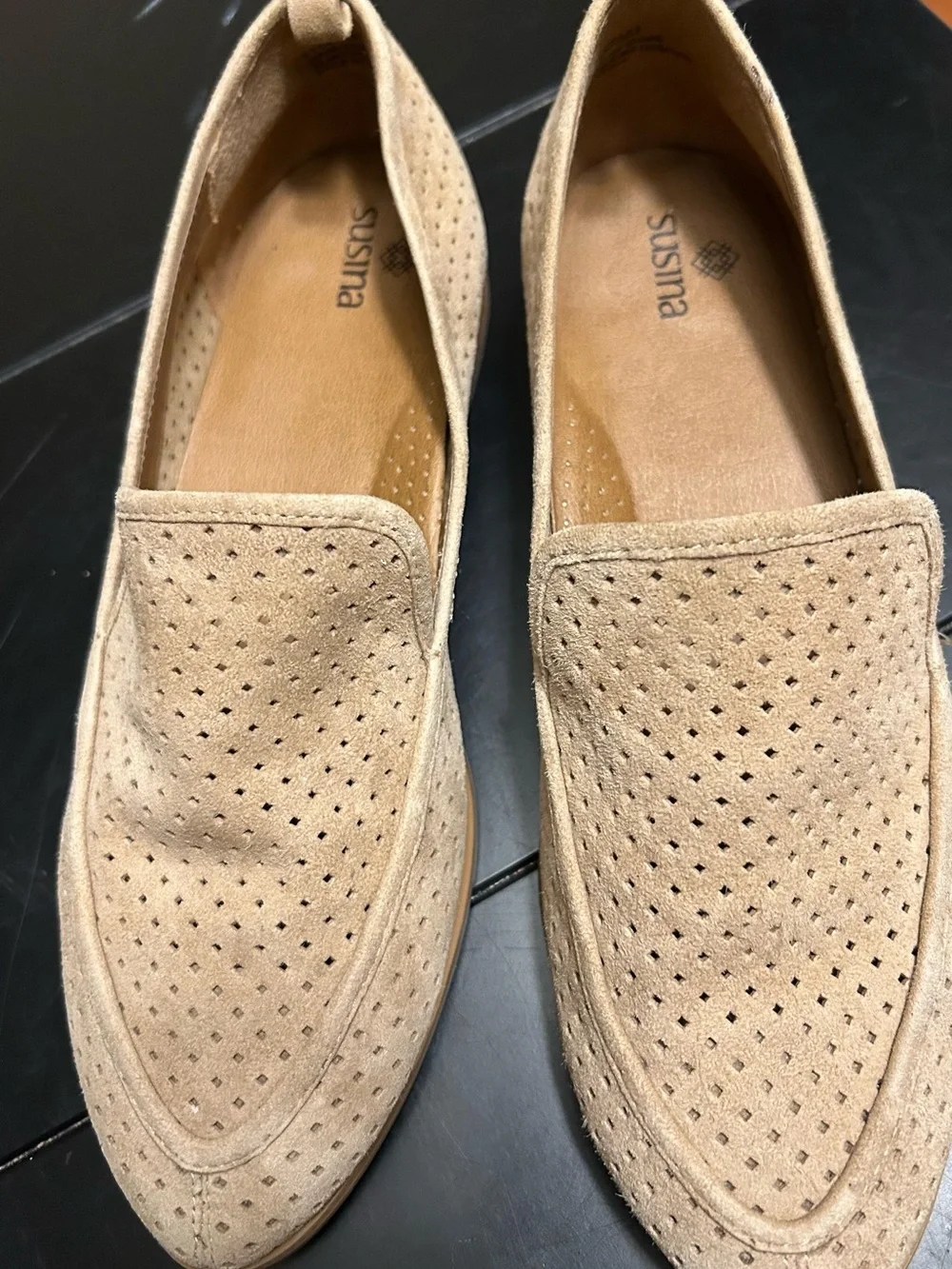 Susina Perforated Suede Slip-On Loafers in Light Tan